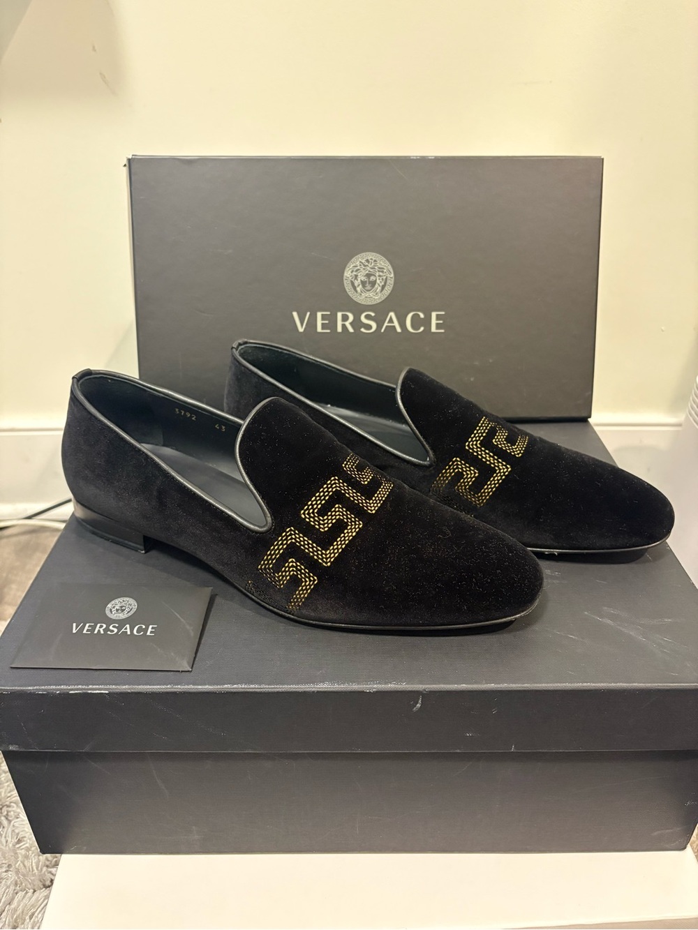 Versace Black Velvet Slip-On Loafers with Gold Greek Key